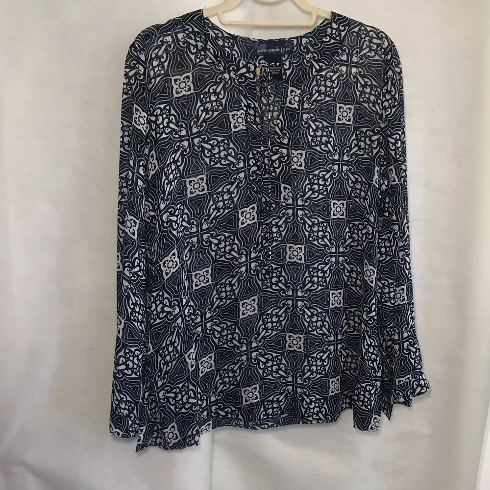 Navy Tile-Print Long-Sleeve Blouse
